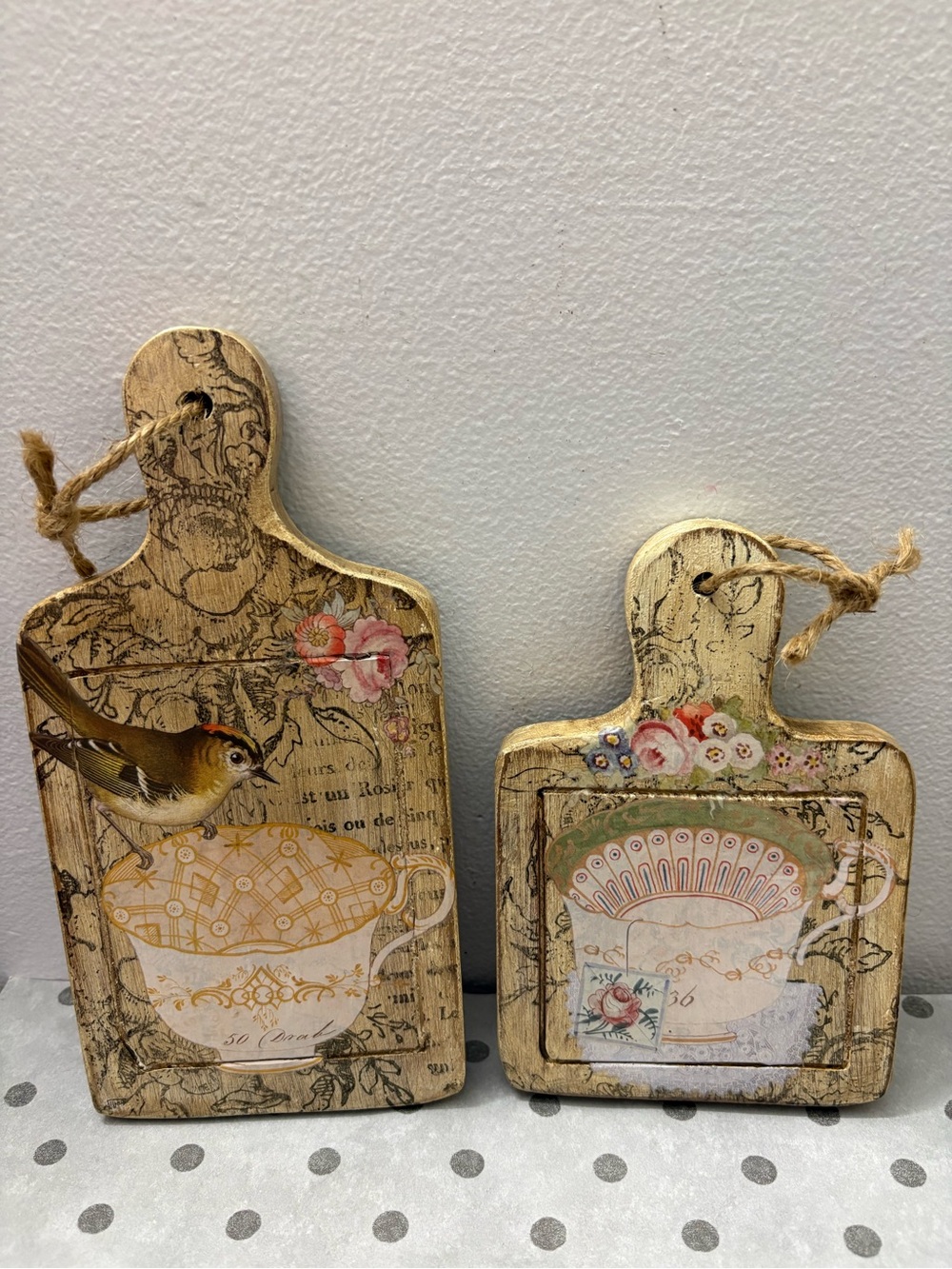 Vintage Floral Teacup Wood Cutting Board Wall Decor - Set of 2